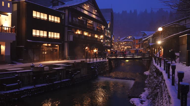 Panning of Ginzan onsen village in winter