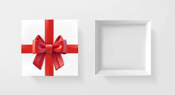 Vector illustration of White gift box opened and closed with red satin ribbon and bow. 3D style vector illustration