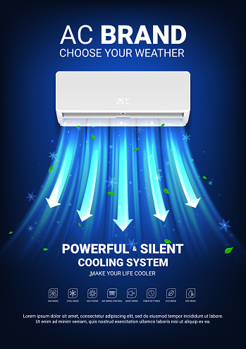 Ad poster of air conditioner. Realistic vector illustration with air conditioner with cold fresh air wind wave with leaves. Modern split system climate control for home. Product mockup concept.