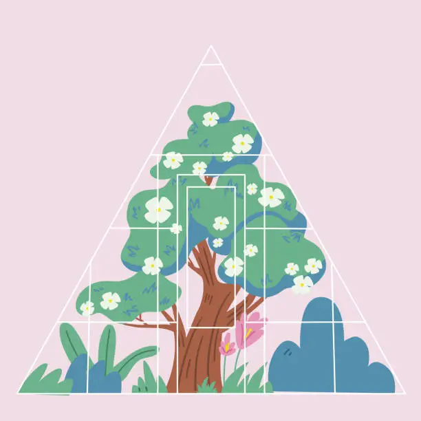 Vector illustration of Illustration of blossom tree in garden. Gardening greenhouse in cartoon style.