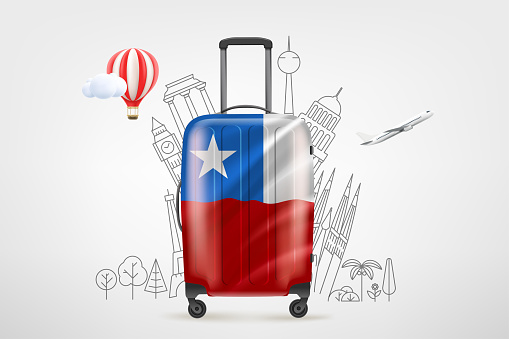 Plastic travel bag with flag of Chile and famous world sights. 3d vector concept