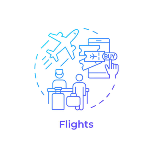 Flights blue gradient concept icon Flights blue gradient concept icon. Travel service. Online booking. Buy tickets. Flight reservation. Round shape line illustration. Abstract idea. Graphic design. Easy to use in application ticket clip art pictures stock illustrations