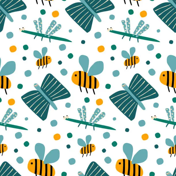 Vector illustration of Seamless pattern with butterflies, dragonflies and bees, wasps on white.