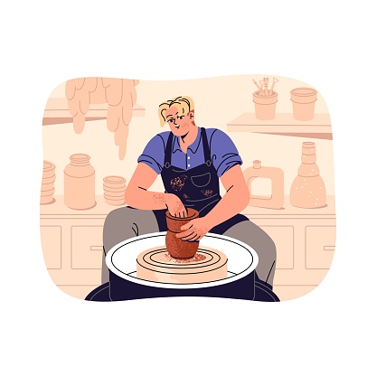Potter making, shaping crockery in workshop. Ceramist works with clay on pottery wheel. Young man creates handmade pot. Artisan goes handicraft. Flat isolated vector illustration on white background.