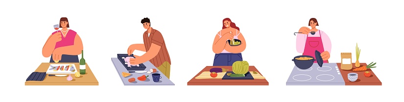 People cooking in kitchen set. Characters cook home meals. Man bakes chicken, turkey. Women prepare fish, mix salad, boil soup, taste dish. Flat isolated vector illustration on white background.