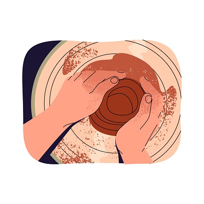 Hands making, shaping clayware top view. Ceramist works with pottery wheel. Potter creates handmade pot, crockery from clay in workshop. Flat isolated vector illustration on white background.
