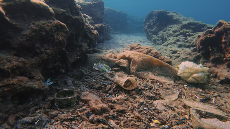 Forward movement above plastic pollution on sea bottom, Mediterranean Sea