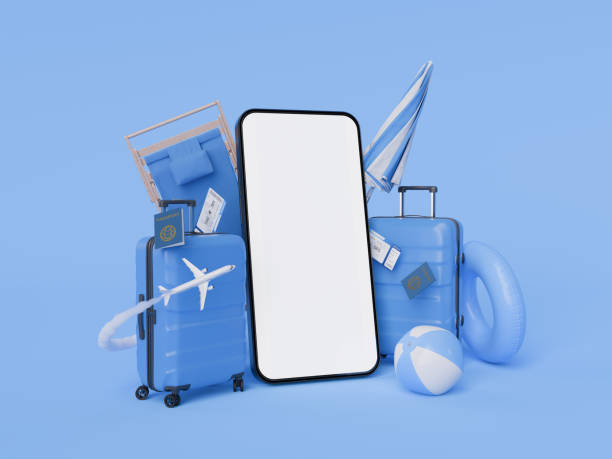 istock Summer Vacation Planning Set with Mobile Phone, Suitcase, and Beach Accessories 2147696595