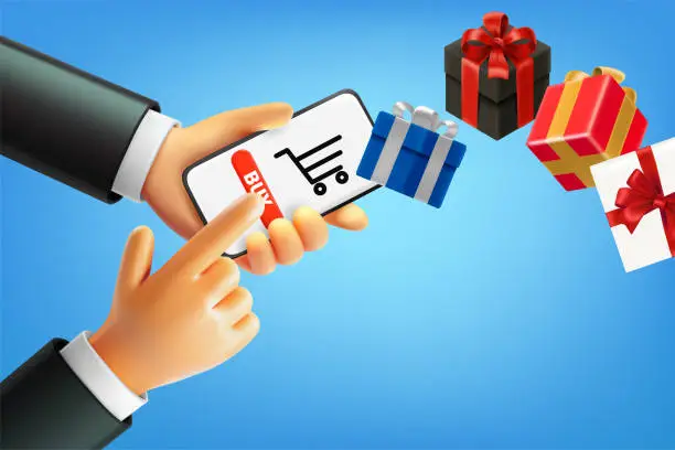 Vector illustration of Man buying gifts via internet with smartphone. 3d vector illustration