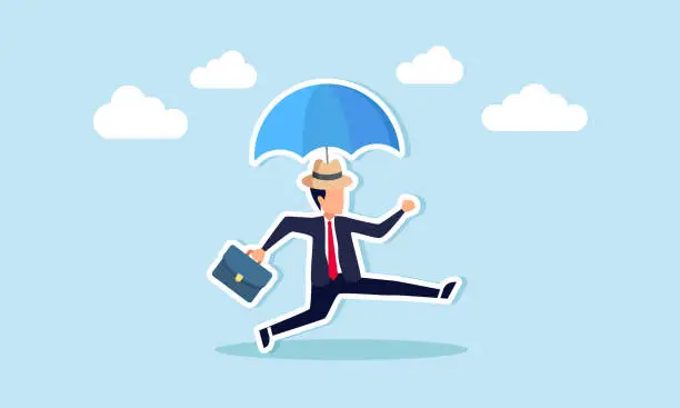 Vector illustration of Insurance shields and protects, ensuring safety and security amidst economic crisis, concept of Confident entrepreneur, donning a sturdy hat, dashes under a reliable umbrella, feeling secure