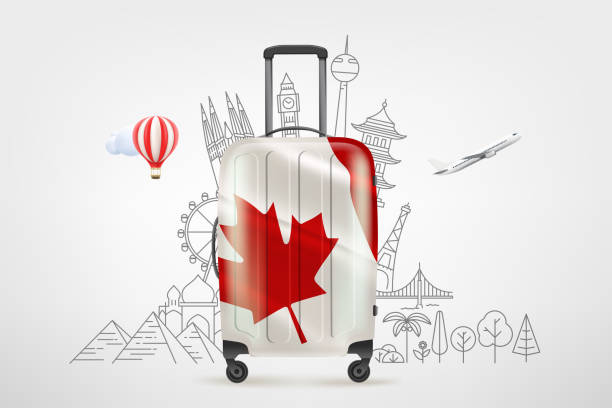 istock Plastic travel bag with canadian flag and famous world sights. 3d vector concept 2147697039
