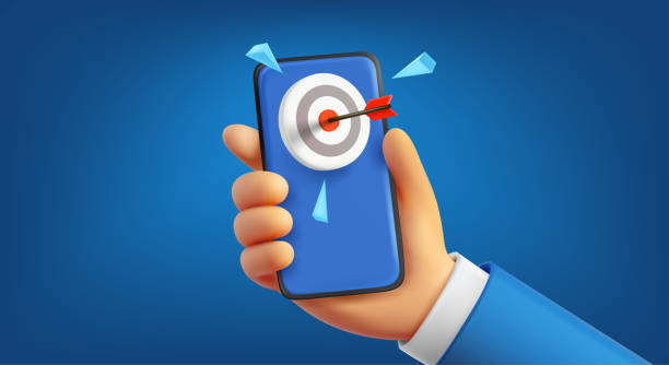 istock Man holding mobile phone with dart. Business goal concept. 3d vector illustration 2147697962
