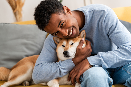 Joyful man cuddles with his adorable shiba inu dog at home, showcasing a warm human-pet relationship