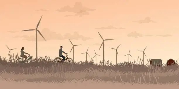 Vector illustration of Man and woman riding bicycle together in countryside fields with wind turbines and vanilla sky background flat design vector illustration. Sustainable renewable green energy concept.