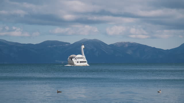 Duck boat tour at Inawashiro lake, Fukushima, Japan