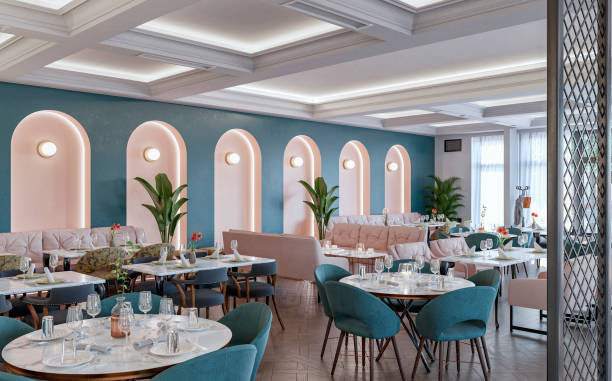 istock Large mid century styled restaurant / bar with tables and chairs, stools, benches, ceiling moldings and windows with white curtains in the background, on parquet floor 2147698913