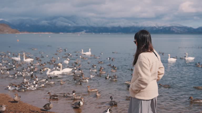 Tourist women travel at Inawashiro lake, Fukushima, Japan