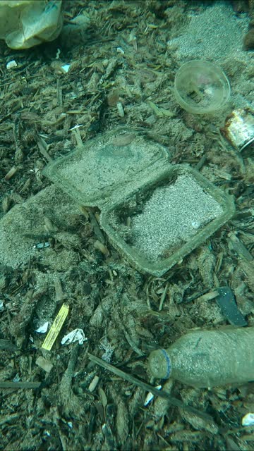 Close-up of  plastic and other garbage on seafloor, Vertical video,  Slow motion