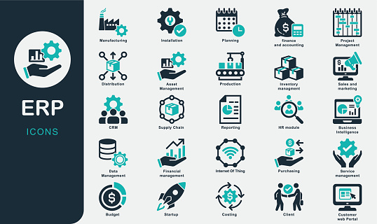 ERP solid icons collection. Enterprise Resource Planning, system, support, distribution, business process, service, CRM, startup, Project Management, Supply Chain, Inventory Management, installation