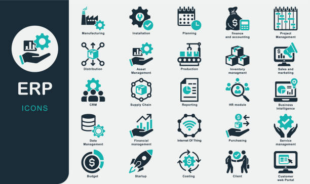 ERP solid icons collection. Enterprise Resource Planning, system, support, distribution, business process, service, CRM, startup, Project Management, Supply Chain, Inventory Management, installation vector art illustration