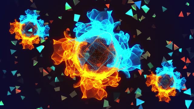 Futuristic point wave. Abstract digital wave of particles in the form of a circle against the background of flying figures in the form of triangles. Dark background. Connection structure. 3d rendering. 4k animation.