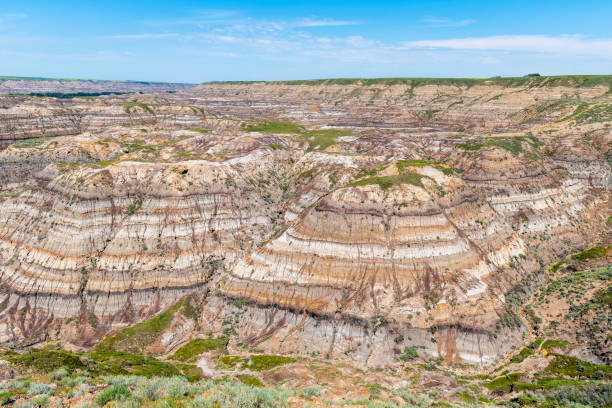 Rock strata in the Alberta Badlands of Dinosaur Provincial Park, Drumheller, Canada.