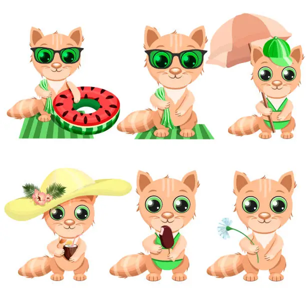 Vector illustration of Collection of red kittens in the summer.Cat with ice cream, in sunglasses, cap, hat, in a swimsuit, with a swimming ring, with an umbrella, with a towel, isolated on a white background.Vector set for