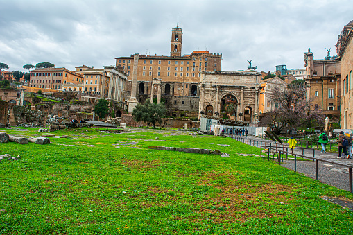 Scenic aerial view over the ruins of the Roman Forum in Rome, capital of Italy