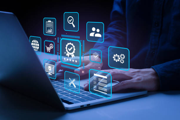 istock Quality Assurance Concept. Businessman using laptop computer with quality assurance icon. premium service. excellence service, business excellence. ISO Standard certification. Guarantee Standard. 2147701235