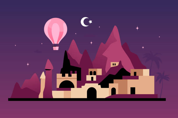 Valley of the Witch Trumpets - modern colored vector illustration Valley of the Witch Trumpets - modern colored vector illustration with dark streets of Turkish city. The most popular areas in Cappadocia. Hot Air Balloon festival, Entertainment for tourists cappadocia balloon stock illustrations