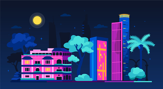 Night sights of Tel Aviv - modern colored vector illustration with Pagoda House and Azrieli Center Mall. Israel architecture, three skyscrapers in the city center, sights of the Mediterranean idea