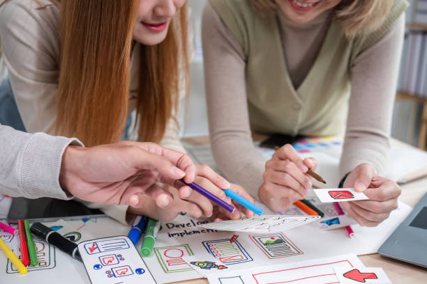 Creative team of designers in application design and ux/ui usability planning. Modern business team teamwork.