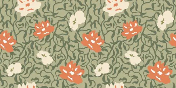 Vector illustration of Simple cute flower pattern with branch ornaments. Plant background for fashion, wallpapers, print.