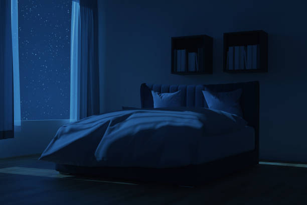 istock 3d rendering of spacious bedroom with cozy box-spring bed at night 2147703121
