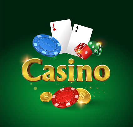 Casino logo on a green background. Dice, dice, flying gold coins, glitter and glare of light. Vector illustration