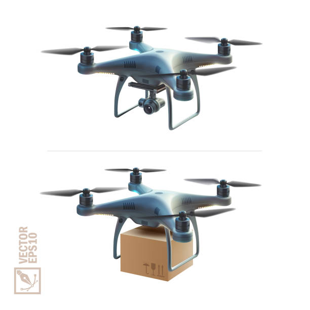 3d realistic vector quadcopter with a portable camera on a blue background, delivery of a cardboard box drone by air - drohnen stock-grafiken, -clipart, -cartoons und -symbole