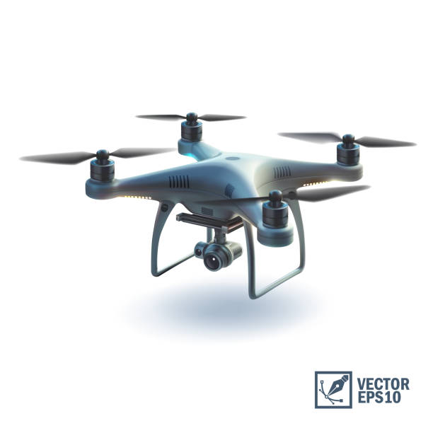 istock 3D Realistic vector quadcopter with a portable camera on a blue background, delivery of a cardboard box drone by air 2147703487
