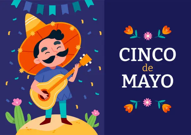 Vector illustration of Mexican mariachi musician with guitar for Cinco de Mayo holiday.