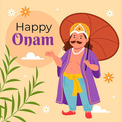 Happy Onam festival in Kerala. Onam celebration, traditional Indian holiday. King Mahabali with umbrella.