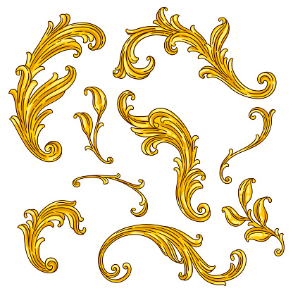Set of floral elements in baroque style. Decorative curling plant. Vintage swirling motif.