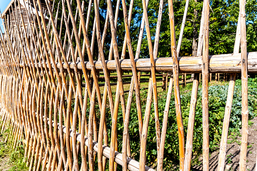 Fence made of natural wooden poles at the countryside in summer
