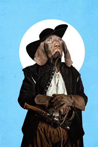 Contemporary art collage. Hunter in old-fashion outfit with dog's face instead of head posing in black hat against blue background. Comparisons of eras, animals with character of their owners concept