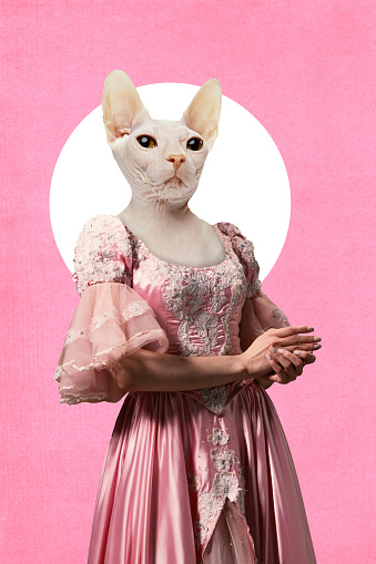 Contemporary art collage. Princess with cat's face instead of head posing in old-fashion outfit against pink background. Concept of comparisons of eras, animals with character of their owners.
