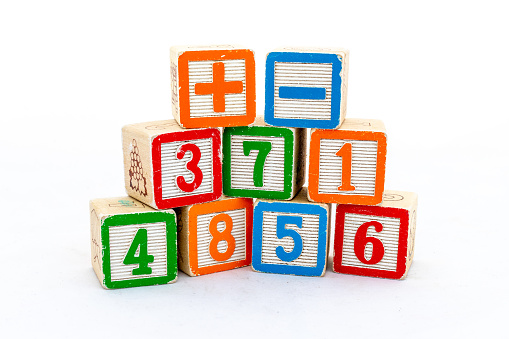 Wooden blocks with numbers and plus & minus sign isolated on white background. Maths learning concept.