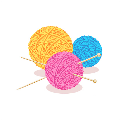 Yarn. Three balls, a skein of wool with knitting needles. Knitting, needlework, crochet, hand knitting tools. Vector illustration isolated on white background