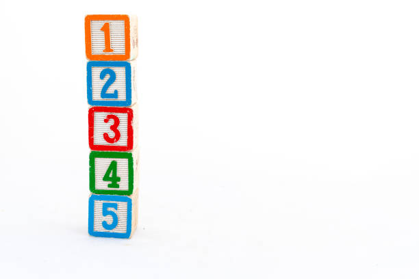 istock Educational toy blocks tower with one, two, three, four and five numbers isolated on white background with copy space 2147707787