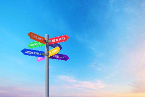 istock Directional signboards in different colors facing different directions 2147707865