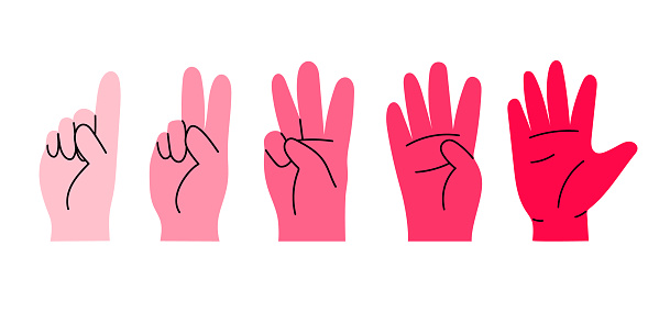 Set with hand gestures from one to five, in cute cartoon style in pink colors. hand drawn vector illustration, isolated on white