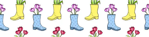 Vector illustration of Vector seamless pattern with tulip flowers in rubber rain boots. Hand drawn doodle cute bright texture, backdrop for wrapping paper, textile. Topic of spring, gardening, blooming nature