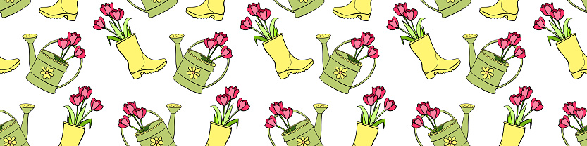 Vector seamless pattern with tulip flowers in rubber rain boots, watering cans. Hand drawn doodle cute bright texture, backdrop for wrapping paper, textile. Topic of spring, gardening, blooming nature